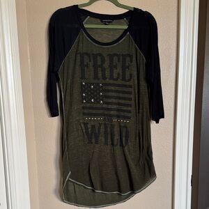 Rock & Republic Olive and Black Graphic Raglan Tee Studded